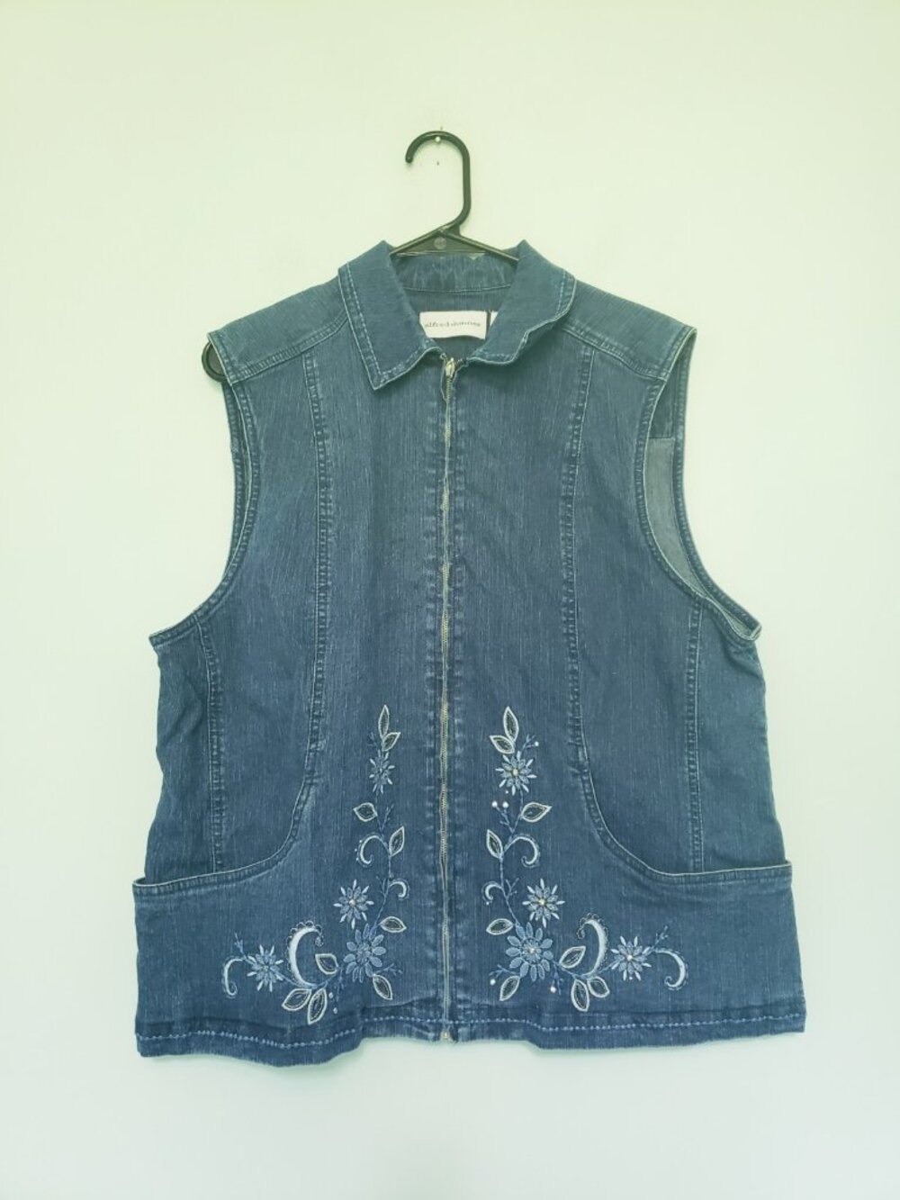 Alfred Dunner Womens 16 Denim Vest Cottagecore Zip Up Embroidered Floral Stretch